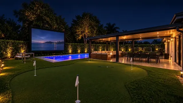 Outdoor cinema screen lit beside the pool at night
