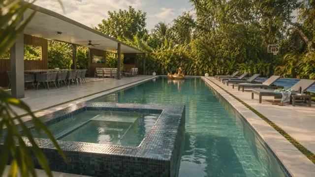 Heated pool and hot tub of the villa in afternoon light