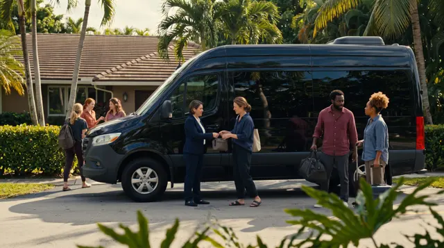 Our host welcoming a group arriving by Sprinter van at the villa