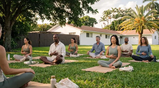 Group breathwork session on the villa lawn