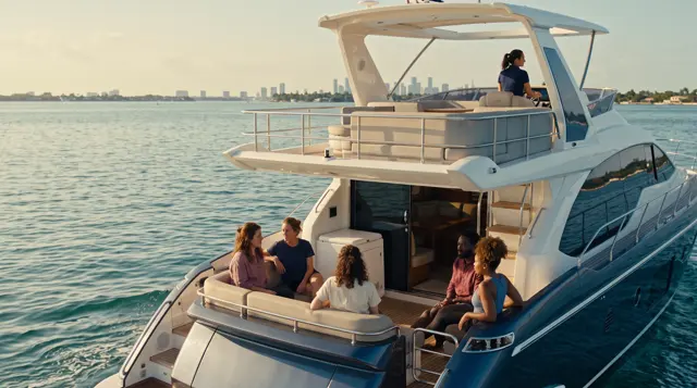 Group on the aft deck of a yacht with the Miami skyline behind